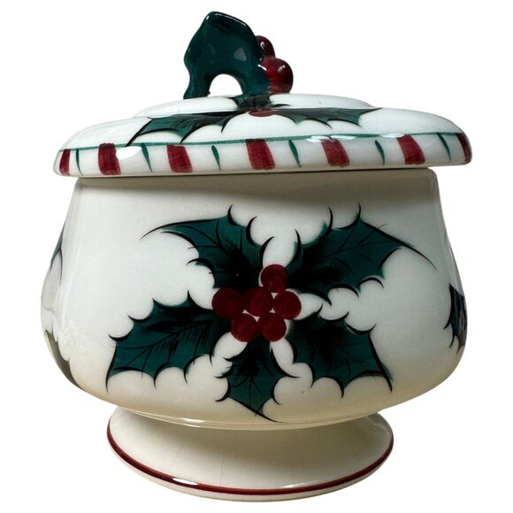 Lefton Vintage Holly Candy Cane Jar #38 Candy Dish Sugar 5.5 inches tall - Picture 1 of 6